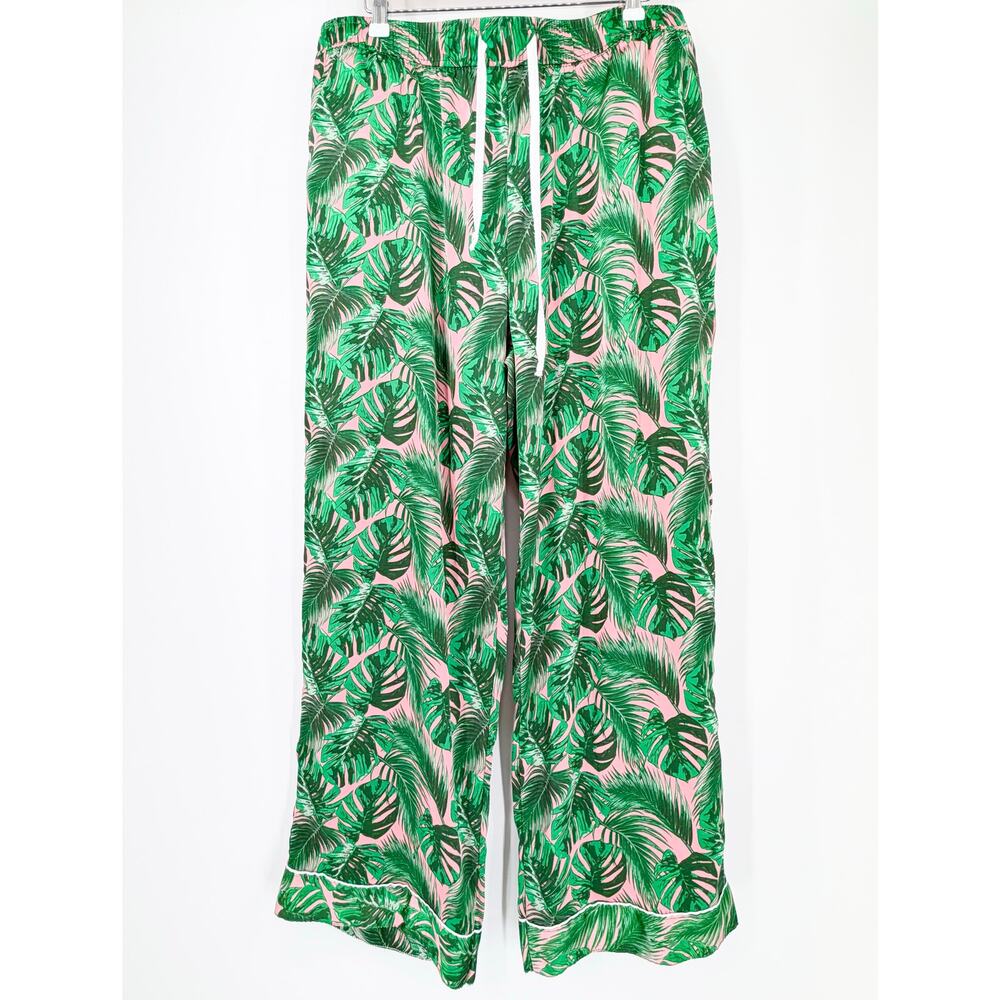 Hello Mello Aloha Bed Satin Pajama Pants XL/XXL EUC Pink Tropical Palm Wide Leg